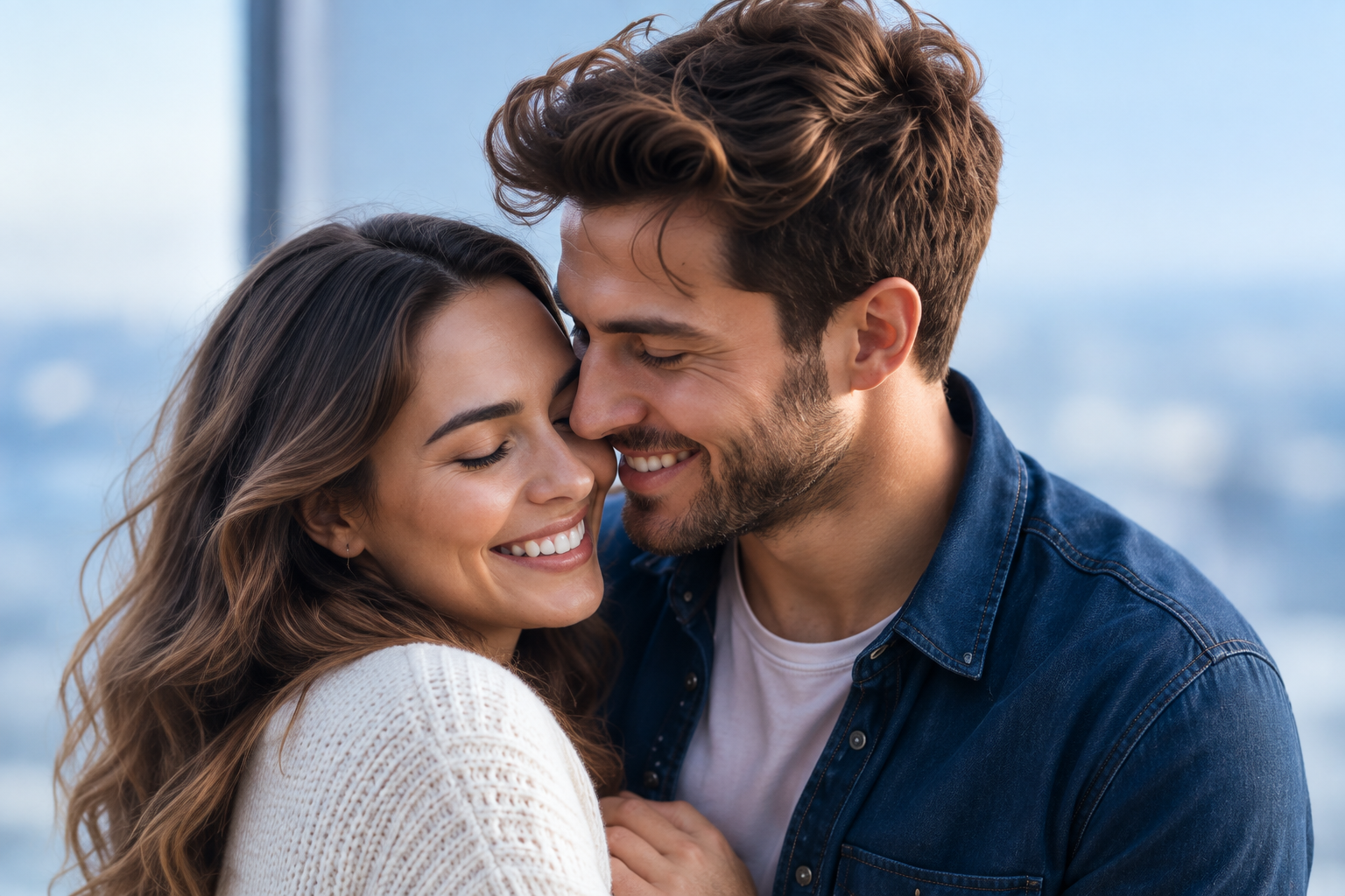 A smiling couple leaning close together